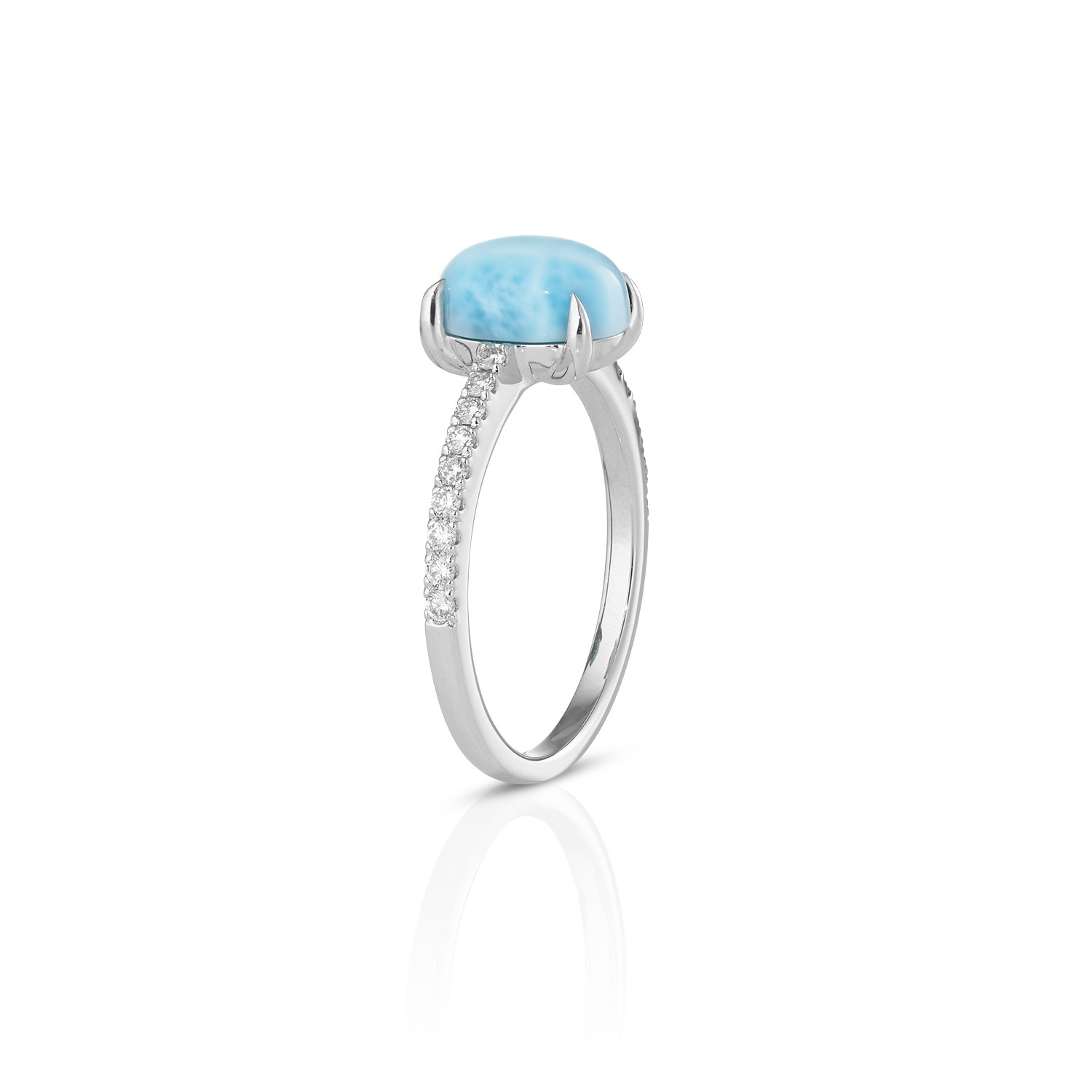 DIAMOND SEA Ring Larimar-Cabochon Diamanten Diamant-Ring Weiße-Diamanten Graue-Diamanten Larimar Filigran-Ring Meerblau Sommer-Ring Cocktail-Ring Rinons Edelstein-aus-der-Karibik